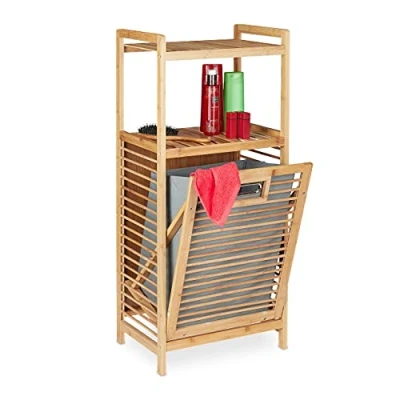 Afbeelding van Relaxdays badkamerrek met wasmand bamboe open badkamerkast wasbox smal opbergrek