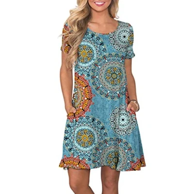 Afbeelding van AUSELILY Dames Zomerjurken Casual T shirt Korte Mouw Jurk Losse Swing met Zakken