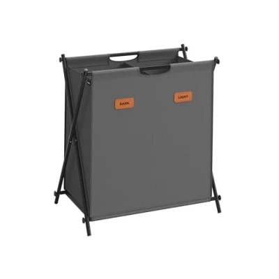 Afbeelding van SONGMICS wasmand, 115 liter wasbox, 2 vakken, opvouwbaar X frame, individuele labels, voor wasruimte, slaapkamer, badkamer, leisteengrijs LCB120G01