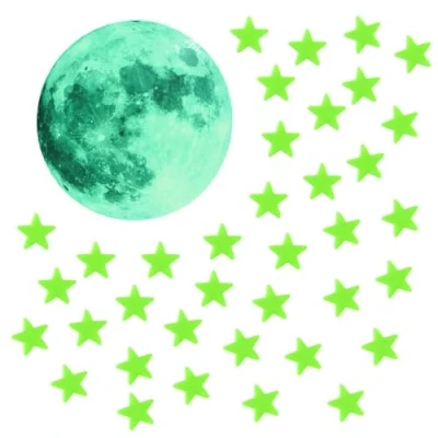Afbeelding van 100 stuks fluorescerende sterren, 1 maan, lichtgevende stickers in het donker, deken van sterren reflecterende sterstickers