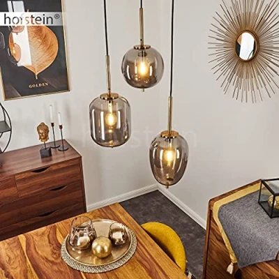 Afbeelding van hanglamp Verbania, moderne plafondlamp van metaal/glas in messing/gerookt glas, vintage design met glazen kappen, 3 lamps, x E27, hoogte max. 130 cm, zonder gloeilamp