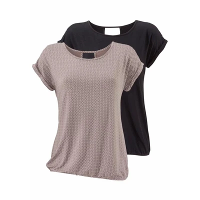 Afbeelding van Lascana 2 pack Tshirt print taupegemustert+schwarzuni, Dames, Maat: 40/42, Taupe gemustert+schwarz uni