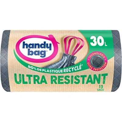 Afbeelding van HANDY BAG wieltjes met 15 vuilniszakken, 30 l, zeer resistent, 80% gerecyclede kunststof, sluiting duwstang, technologie ultrabescherming, 3 laags, lekvrij, 53 x 63 cm