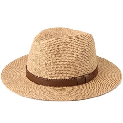 Afbeelding van DRESHOW Vrouwen Brede Rand Stro Panama Oprolhoed Fedora Strand Zonnehoed UPF 50 +