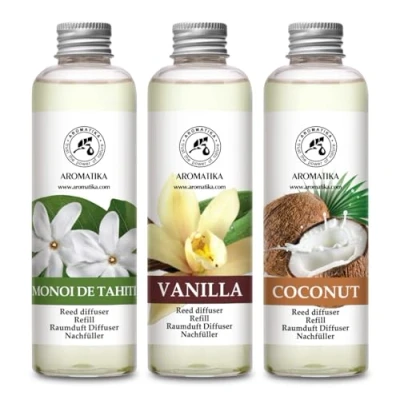 Afbeelding van geurverspreider Navulling Monoï de Tahiti &amp; Vanille Kokos 600ml 3x200ml Navulset voor Reed Diffuser Kamergeur