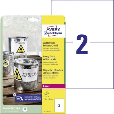Afbeelding van Avery Zweckform L4717 20 folie etiketten 210 x 148 mm Polyester Wit 40 stuk(s) Permanent hechtend Laser (kleur), (zwart/wit), Kopiëren