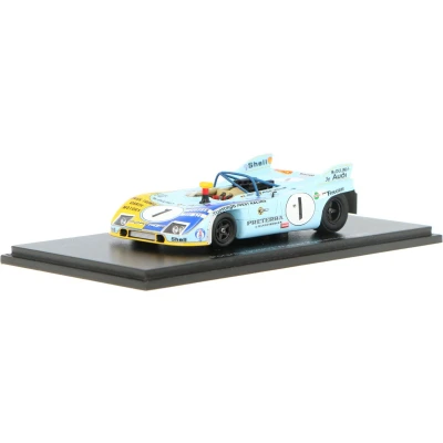 Afbeelding van het 1:43 Diecast model van De Porsche 908/3 Spider #1 Winnaar 9H Kyalami 1973. coureurs waren H. Muller en R. Jost. fabrikant schaalmodel is Spark.Dit alleen online beschikbaar