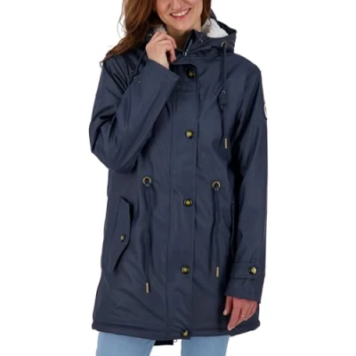 Afbeelding van Ankerglut Friesennerz Regenjas voor dames, met capuchon, gevoerd, waterdicht, weerbestendig, windbreaker, overgangsjas teddyfleece, Donkerblauw, 42