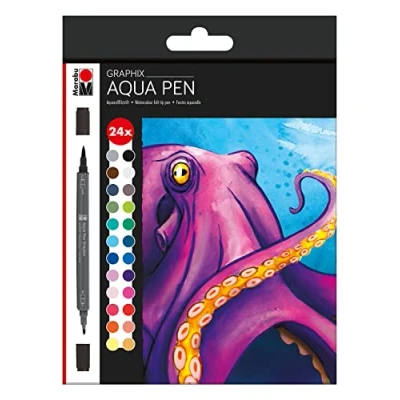 Afbeelding van Marabu 014500000106 Aqua Pen Graphix, Octopy, 24 aquarelviltstiften in een set met briljante kleur, inkt op waterbasis, dubbele punt, aquarelleerbaar aquarelpapier