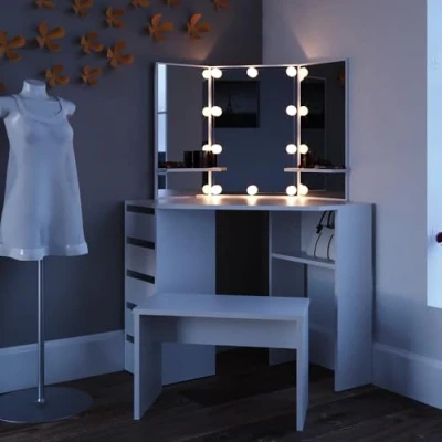 Afbeelding van Vicco Hoek kaptafel Arielle, Wit, 110 cm met LED verlichting en bankje