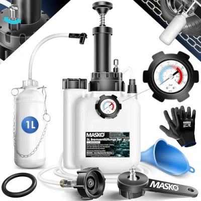Afbeelding van MASKO® Remontluchtingsset 3L Remontluchtingsapparaat voor schijf en trommelremmen Remontluchter met E20 adapter, accessoires &amp; 1L afvalfles remvloeistof wisselapparaat Ideaal doe het zelvers