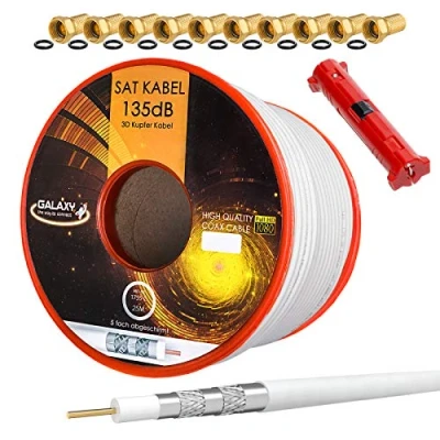 Afbeelding van HB DIGITAL SET 25m coaxiale SAT kabel 135 db wit + 10x F stekker verguld 1x stripper CU zuiver koperen satelliet antennekabel 5 voudig afgeschermd voor DVB S/S2 C/C2 T/T2 DAB+ Radio BK