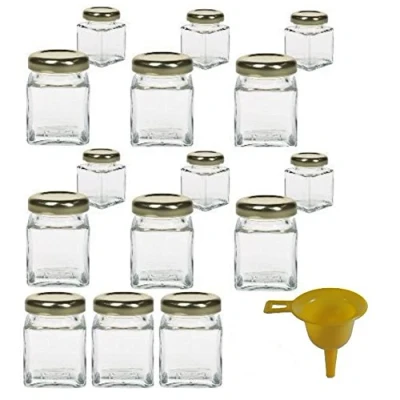 Afbeelding van Viva Haushaltswaren 15 x mini jampot/kruidenglas 50 ml met goudkleurige schroefdop, glazen set deksel voor specerijen, jam, zout enz. bruikbaar (incl. trechter).