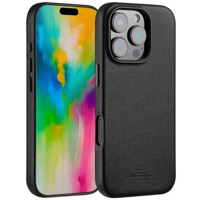 Afbeelding van Apple iPhone 16 Pro MagSafe Hoesje Echt leder Accezz Backcover Zwart Telefoonhoesje