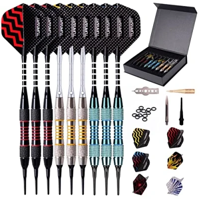 Afbeelding van Turnart Dartpijlen met kunststof punt, 9 stuks, 18 gram, 50 extra dartpunten, 20 rubberen ringen, 27 flights, stuks shafts, gereedschapsset voor elektronisch dartbord (blauw)