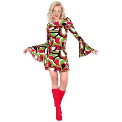 Afbeelding van Widmann Hippie Kostuum Miss Seventies Jurk Vrouw Rood, Groen Small Carnavalskleding Verkleedkleding