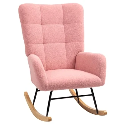 Afbeelding van HOMCOM Schommelstoel Teddy Fluwelen Look met Houten Basis Roze