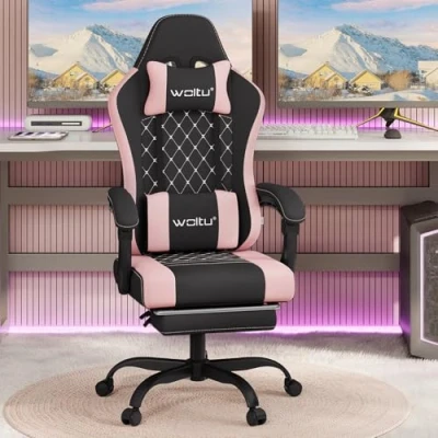 Afbeelding van WOLTU Gamingstoel met massagefunctie, computerstoel pocketveringkussen, ergonomische draaistoel hoofdkussen, lendenkussen, voetensteun, netstof, zwart + roze, GS15swr