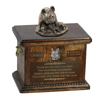 Afbeelding van Art Dog Custom Sitting Statue Memorial Urn Handgemaakt koud gegoten brons op berkenhouten voet 8,3x11,4x8,7 5l Franse Bulldog II