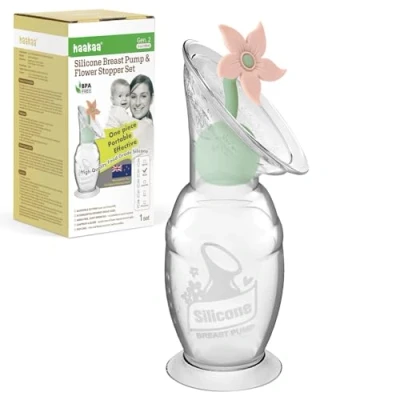 Afbeelding van haakaa Handmatige borstkolf met bloemenstopset, Gen.2 siliconen handpomp zuigbasis, BPA vrij (4 oz/100 ml, Blush)