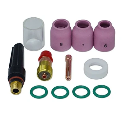 Afbeelding van RIVERWELD TIG stompe gaslens spanhulzen 17GL332 10N24S 2,4 mm Pyrex glazen beker #10 16 isolator 17GLG20 en achterkap 57Y03 Medium fit SR WP 17 18 26 lastoorts 12 stuks