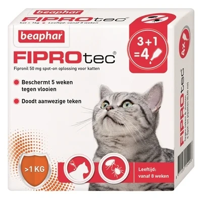 Afbeelding van Beaphar Fiprotec Kat Tegen Vlooien &amp; Teken 3+1 PIPET &gt;1 KG EN 8 WEKEN