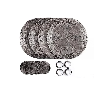 Afbeelding van Penguin Home® Set van 12 glazen kralen Placemats, Onderzetters en servetringen Antiek zilverkleur Ronde Placemats Handgemaakt door bekwame Indiase ambachtslieden Diameter 32 cm (13&quot;)