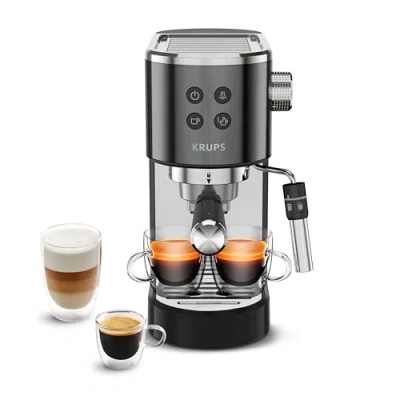 Afbeelding van Krups XP444G Virtuoso+ Espresso filtermachine 15 bar pompdruk 3 crèma filters roestvrijstalen stoommondstuk intuïtief bedieningspaneel draaiknop incl. doseerlepel/tamper chroom/zwart
