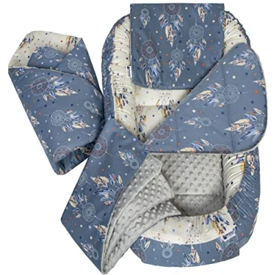 Afbeelding van Medi Partners 5 delige Babynest Set 100x60x15 Uitneembaar inzetstuk Bed Knuffel Nestje Baby deken Pasgeboren 100% katoen (Dromenvangers met grijze Minky)