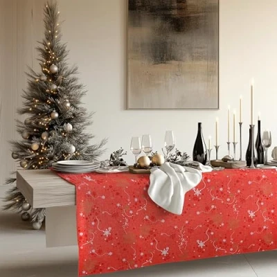 Afbeelding van KP HOME tafelkleed afveegbaar met sneeuwvlokken PVC veeg schoon kerst rood waterdicht grote vinyl 250 x 140 rechthoekig 8 zits tafelzeil