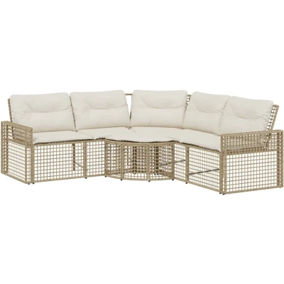 Afbeelding van Tuinbank met kussens en voetensteun L vormig poly rattan beige