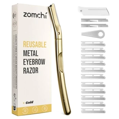 Afbeelding van ZOMCHI Dermaplane scheermes met 11 mesjes voor dames en heren, wenkbrauwtrimmer beschermende siliconen dop, wenkbrauwscheermes, gezichtsscheermes ontharing mat goud