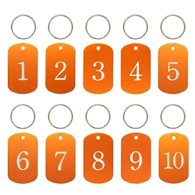 Afbeelding van Gegraveerde nummerlabels, aluminium, labels voor sleutelhangers, met ringen (1 10, oranje)