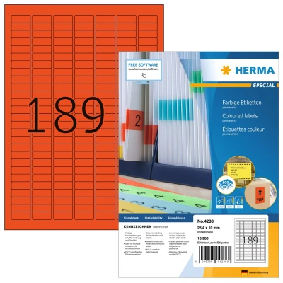 Afbeelding van HERMA 4238 Gekleurde etiketten A4 (25,4 x 10 mm, 100 velles, papier, mat) zelfklevend, bedrukbaar, permanent kleural etiketten, 18.900 voor printer, rood