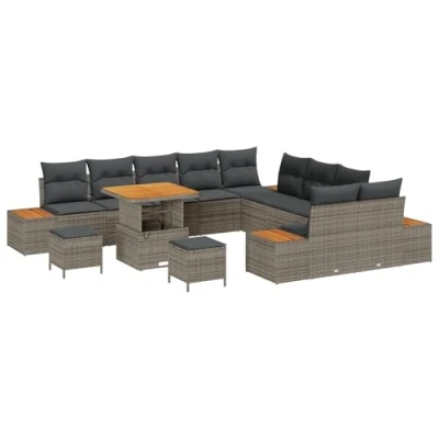 Afbeelding van vidaXL 13 delige Tuinset met Kussens Grijs Poly Rattan en Acacia
