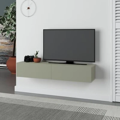 Afbeelding van HOCUS PICUS Zwevend TV meubel met 2 Deuren, Opbergkast en Verborgen Bevestiging Modern Design 135(B) x 32(D) 25(H) cm Voor Woonkamer of Kantoor Ash groen