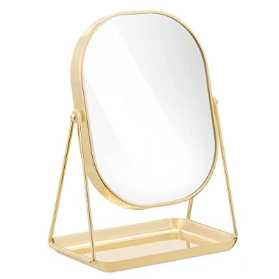 Afbeelding van Navaris make up spiegel met sieradentray Staande scheerspiegel metalen frame Draaibare cosmeticaspiegel standaard Roségoudkleurig