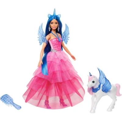 Afbeelding van Mattel Eenhoornpop met blauw haar, roze jurk en alicorn