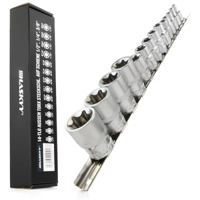 Afbeelding van HASKYY Torx moerset 14 delig E profiel buitentorx dopsleutels dopsleutel set E4 E24 1/4 3/8 1/2 inch dopsleutelinzetstukken binnenvierkant op rail