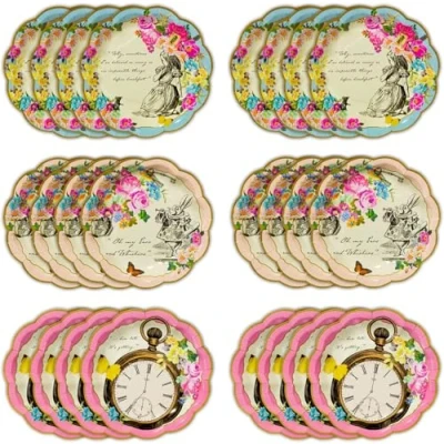 Afbeelding van Talking Tables Pack van 24 Alice in Wonderland Themed Wegwerp Papieren Borden Benodigdheden voor Mad Hatter Tea Party, Verjaardag, Baby Shower, Moederdag, Multi kleuren, 18 centimeter