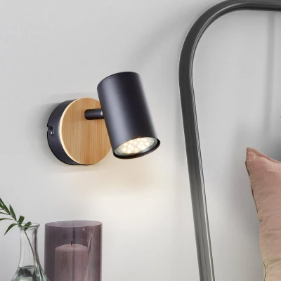 Afbeelding van Brilliant Wandlamp Niels zwart met hout 99762/76