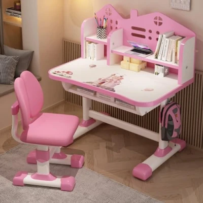 Afbeelding van Kindertafelstoelset, in hoogte verstelbaar, bureau voor kinderen, meisjes en jongens, karikatuur kinderbureau, kinderbureau met stoel lade (roze