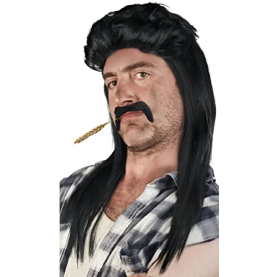 Afbeelding van SET met Mullet Pruik + Baard Proll Pimp Blonde Brunette Grijs Zwart (Zwart Baard)