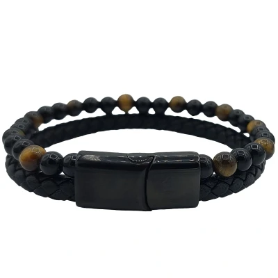 Afbeelding van Rhylane Heren Armband Leder &amp; Tijgeroog Edelstaal sluiting Zwart 21 cm