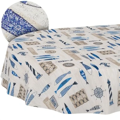 Afbeelding van ANRO Tafelkleed, tafellinnen, textiel, tafelzeil, katoen, polyester, afwasbaar, onderhoudsvriendelijk, in rond, ovaal, rechthoekig, maritiem, 180 x 140 cm, snijrand