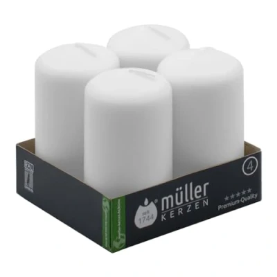 Afbeelding van Müller witte cilindrische zuilkaarsen, 4 stuks, afmeting 48 x 90 mm, kleur wit, lange levensduur van 16 uur, was, geurloos, RAL kwaliteit
