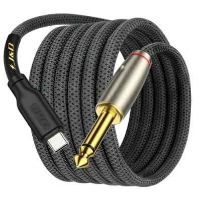 Afbeelding van J&amp;D USB Type C naar 6,35 mm 1/4 inch TS Mannelijk Audio Mono Onderling Verbinden Aux Adapterkabel Compatibel met iPhone 15/15 Plus/15 Pro/15 Pro Max Vergulde Gevlochten Audiokabel, 2 Meter