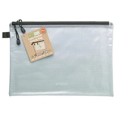 Afbeelding van eco A4 95% gerecycleerde dubbele zak super sterke tas, waterdichte mesh tuff bag, versterkt, zwarte ritssluiting, 2 zakken