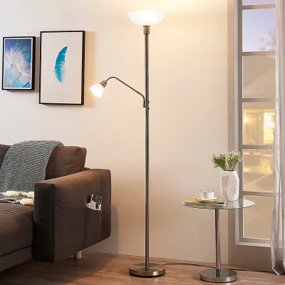 Afbeelding van Lindby vloerlamp 2 lichts metaal, polycarbonaat H: 180 cm E27 gesatineerd nikkel, mat wit