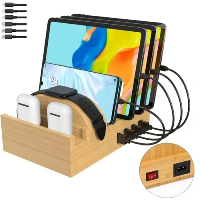 Afbeelding van Alltripal laadstation voor meerdere apparaten, bamboe 7 poorts mobiele telefoon, laadstation, 50 W, USB oplader, snellader, organizer, compatibel met iPad, AirPods, iWatch, tablet